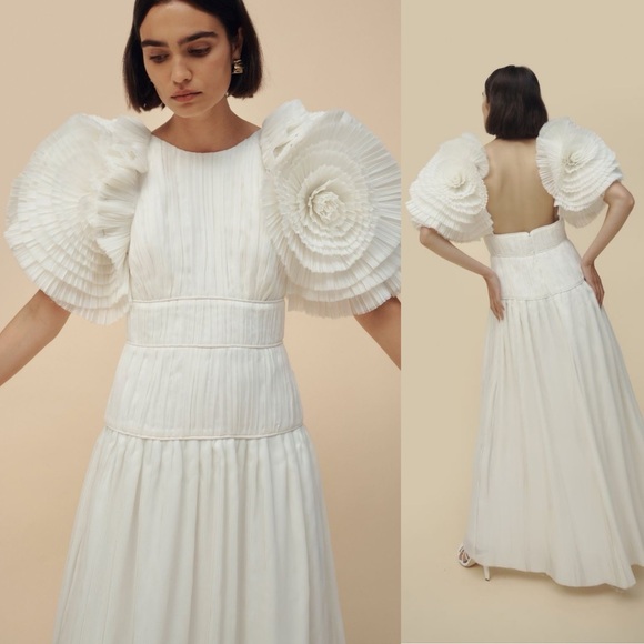 Aje Sculptura Expressive Ruffle Detailed Pleated Organza Maxi Dress White Bridal - Picture 12 of 16